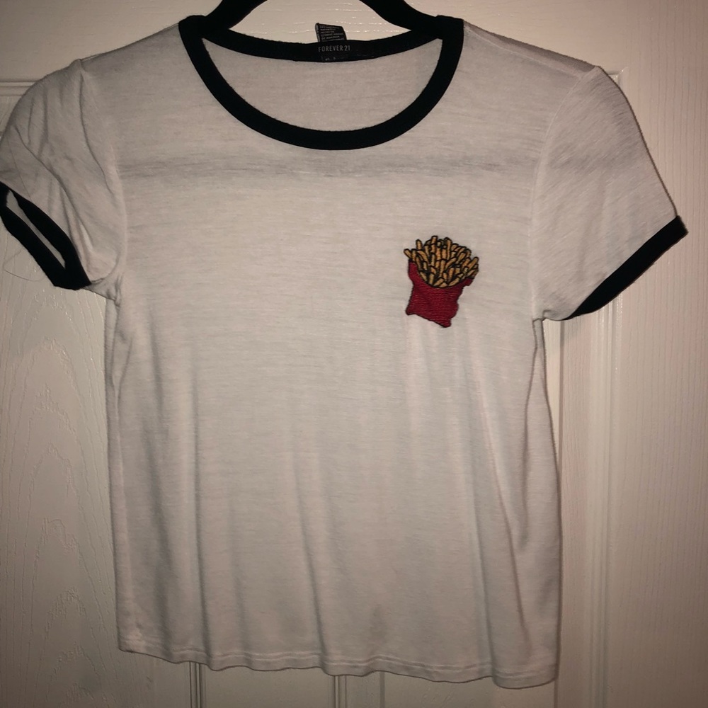 White t-shirt with fries patch